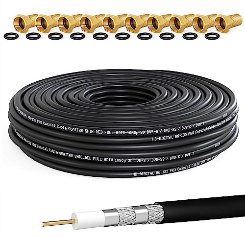 HB-DIGITAL 50m Câble Coaxial HQ-135 Câble d'Antenne 135dB Câble SAT 8K 4K UHD 4 Fois Blindé Pour les Systèmes DVB-S / S2 DVB-C / C2 DVB-T / T2 DAB+ Radio BK + 10 F-Plug GRATUIT