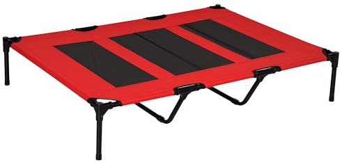 PawHut Hundeliege Outdoor, Erhöhtes Hundebett für Groß Hunde, Kühlende Haustierliege mit Waschbares Mesh robuster Metallrahmen, Haustierbett für Reisen Garten Outdoor, 122 x 92 x 23 cm, Rot