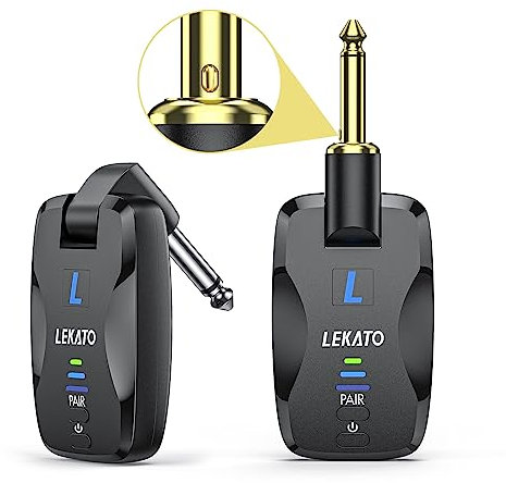 LEKATO 2,4GHz Kabelloses Gitarrensystem mit Stiller Stecker, Gitarre Kabelloser Sender Empfänger, Wiederaufladbares Digitales Gitarren-System, für Elektronische Instrumente E-Gitarren Bass