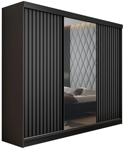 KIER FURNITURE Schränke für Stauraum - Malani 200 - Kleiderschrank - Schiebetürenschrank - Eleganter Kleiderschrank Schrank Garderobe - Schrank für Schlafzimmer - Graphit Eiche Gold 200x205x59 cm