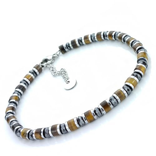SAGA GIOIELLI® Bracciale Uomo Rondelle Pietre Dure Acciaio (OCCHIO DI TIGRE E CRISTALLI)