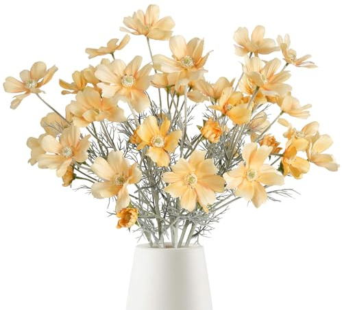 Fqueelvys 6PCS Cosmos Silk Flowers 24'' Wild Flowers Artificial Fake Flowers Arrangement for Wedding Party Kitchens Home Decoration(Champagne)