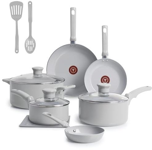 T-Fal Refresh Ceramic Nonstick Pots and Pans Set, 12-Piece, Moon Grey