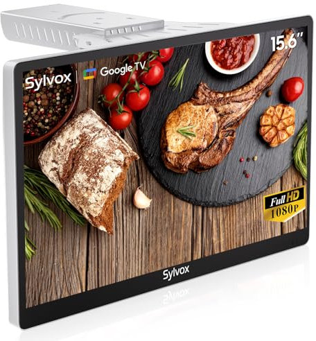 SYLVOX 15,6 Zoll Küchenfernseher - Mini Smart TV mit Google TV, DVB-C/T2/S2, 1080P Full HD, Dreh- und Faltbar, Unter Schrank Montierbar, 12V Kleiner Fernseher für Küche, Kinderzimmer, Wäscherei