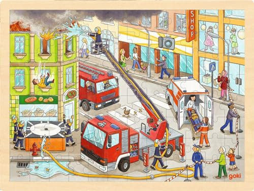 goki 57336 - Einlegepuzzle Feuerwehreinsatz für Kinder – Fördert Fantasie und Feinmotorik, Feuerwehr und Krankenwagen, 40cm x 30cm, 96-er Set, ab 3 Jahre
