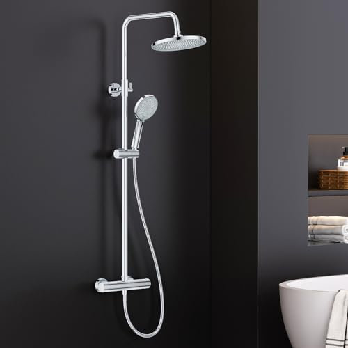 FORIOUS Thermostatic Shower Mixer Set,Stainless Steel Shower Bar Set with Adjustable Height Shower Rod, 25cm Round Overhead RainfallShower,3 Jet Types HandShower,Thermostatic Shower System Chrom