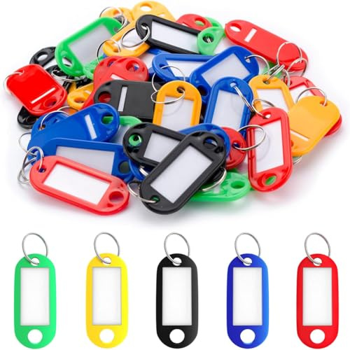 KOLZEMV 50 Porte Clef Etiquette en Plastique avec Anneau Fendu et Fenêtre D'étiquettes Transparents Porte Clé D'identification Inscriptibles pour Animaux de Compagnie et Clés Bagages, 5 Couleurs