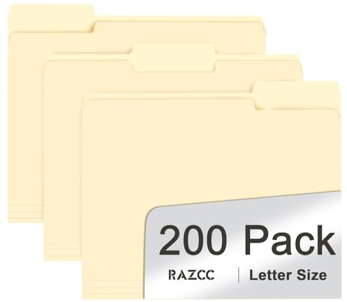 File Folder, RAZCC 200 Pack 1/3 Cut Tab File Folders Letter Size, Manila Folders, Folders with Tab, Great for Organizing and Easy File Storage