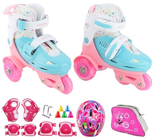 Aumotop Juego de Patines Flash para Niños, Zapatos de Patinaje para Principiantes con Casco, Rodilleras y Coderas, Mochila Barrera Niños y Niñas (#2)
