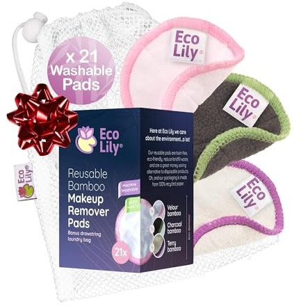 Eco Lily® 21 Dischetti Riutilizzabili per Rimuovere il Trucco, struccanti Lavabili, in Cotone e Bambù, per Viso e Occhi, con Sacchetto BONUS per il Bucato