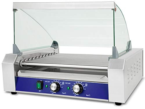 vertes Gastro Hot Dog Maker aus Edelstahl, Elektrisch mit 2200W, Hot Dog Maschine mit 11 Walzen und 2 Heizzonen, Profi Würstchen Grill mit Glasabdeckung, Auffangschale und 50-250°C Temperatur