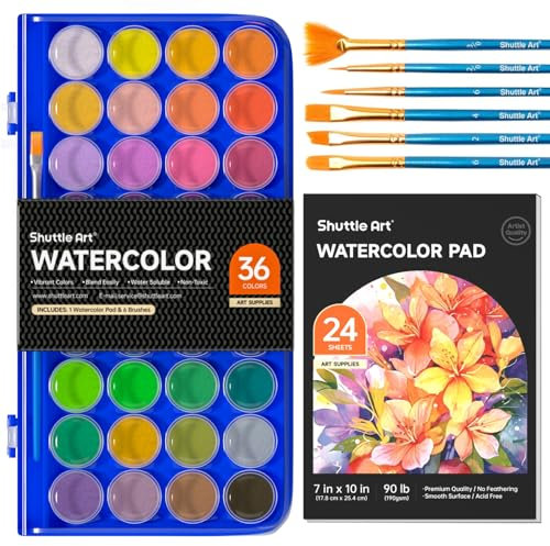 Shuttle Art Wasserfarben, 43 teiliges Aquarell Farbkasten Set, 36 Aquarellfarben mit 6 Pinseln und 1 Aquarellblock, für Kinder, Kleinkinder und Schüler in der Schule und zu Hause geeignet