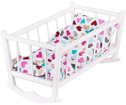 Puppenwiege Retro weiß Nostalgie Bett Spielzeug Holzspielzeug Holzbodenwiege Naturholz mit Textilausrüstung Bettwäsche Matratze Kopfkissen Bettdecke Wiege für Puppen