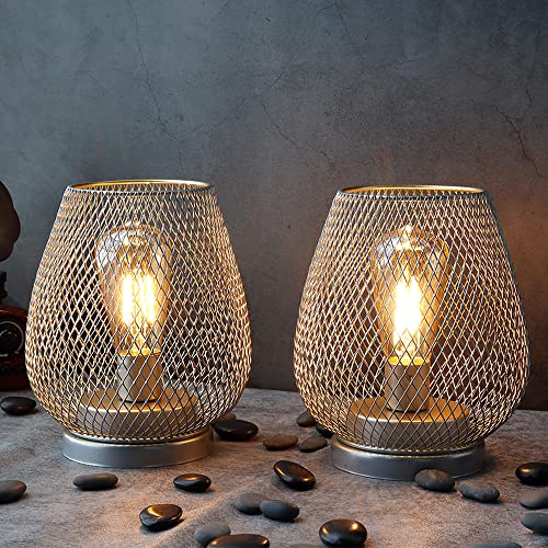 JHY DESIGN Juego de 2 Linternas LED con Jaula de Metal Luz de Acento Inalámbrica a Batería con LED Ideal para Bodas Fiestas Eventos en el Patio para Interiores (Oro)