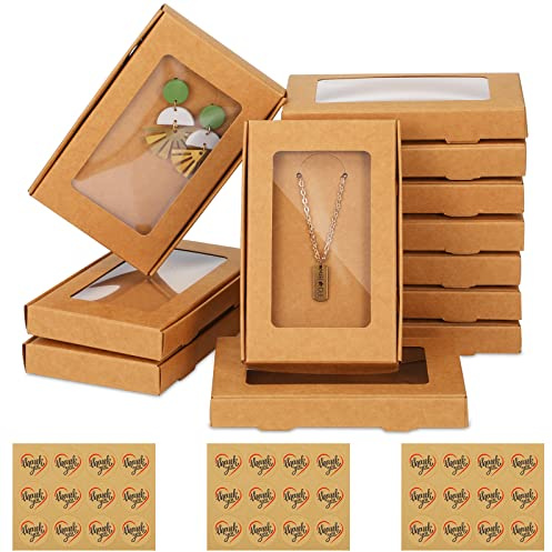 Crtiin 30 Pcs Jewelry Packaging Boxes 5.4x3.4x0.7 Cardboard Necklace Gift Boxes Bulk with Clear Window, Display Card and Thank You Stickers for Necklace, Earring, Bracelet, Ring(Kraft Color)