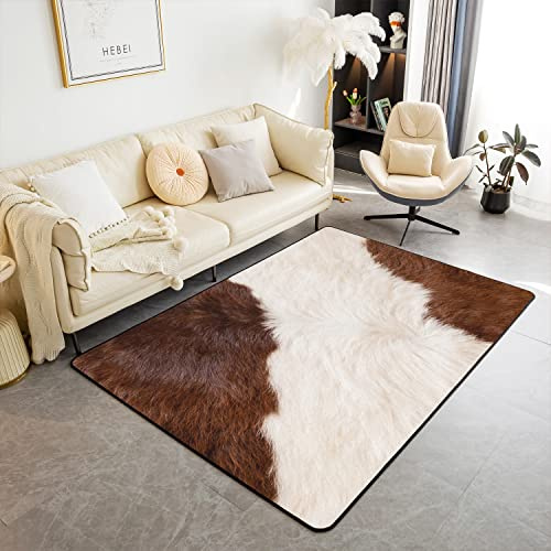 Loussiesd Tappeto in pelle bovina, per soggiorno, camera da letto, fattoria occidentale, animale, marrone, bianco, 100 x 150 cm