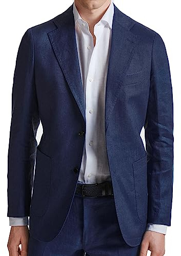 Evoga Giacca Uomo in Lino Blu Scuro Sartoriale Blazer Estivo Elegante Casual (XL, Blu Scuro)