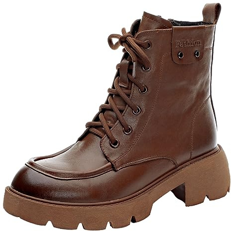 rismart Donna Stringata Stivaletti con Zip Tacco Grosso Punta Rotonda Pelle Bootie da Combattimento Marrone, 37 EU