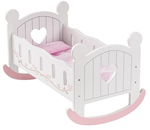 ROBUD Culla per bambole in legno, letto per bambole, colore: bianco, letto per bambole, biancheria da letto inclusa