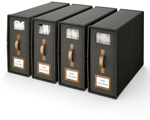 BigPonPon 4 Pack Bed Sheet Organizers And Storage,Foldable Sheet Organizer For Linen Closet(Super King Size),Linen Bedding Storage Box With Leather Handle For Bedsheets,Flannel Blankets,Thin Quilts