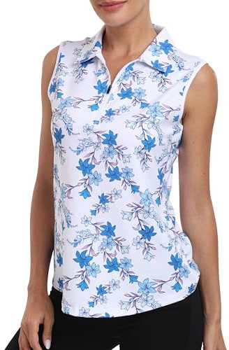 MoFiz Womens Golf Polo Shirts Sleeveless Gym Tennis Golf Top Summer Breathable Casual Work Sports T-Shirt with 1/4 Zip Blue-Flower Size US XL