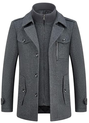 KUDORO Ullrock för män, vintrig vadderad trenchcoat för vardag, affärer, ytterkläder, tjock ullblandning med avtagbar inre krage