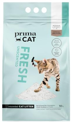 PrimaCat – Hygienisk oparfymerad kattsand, långvarig lera, 10 L (8,7 kg) – Amazon-exklusiv