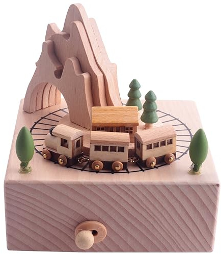 Giilayky Wooden Musical Box Featuring Mountain Tunnel With Small Moving Magnetic Train Plays