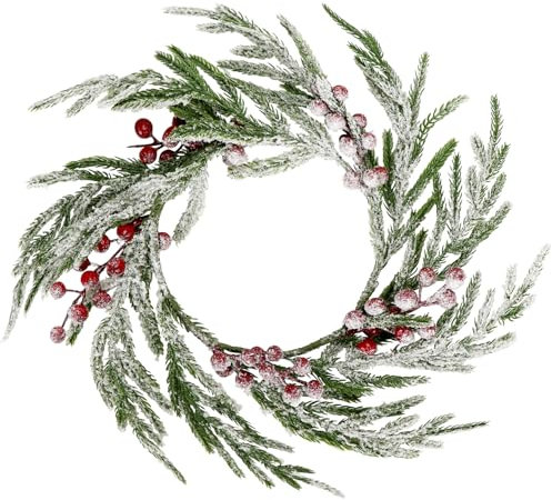 Artificial Snowy Norfolk Pine Wreath with Red Berries - 40cm Flocked Christmas Wreath for Home Party Front Door Decor