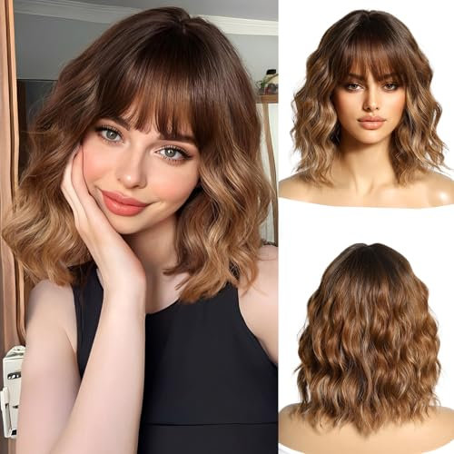 OUFEI Perruque Brune Ombre pour Femme Courte Perruque Ondulée avec Frange Cheveux Naturels Synthétiques Perruques Résistantes à La Chaleur pour Le Port Quotidien de la Fête Cosplay