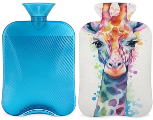 Watercolor Giraffe Hot Water Bottle with Cover, Colorful Animal 2L Hot Water Bag for Pain Relief, Neck and Shoulder, Hand Feet Warmer