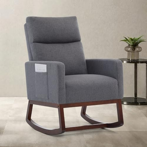 Aunekiv Fauteuil à Bascule Haut Dossier en Lin pour Adultes avec Poches Latérales et Base en Bois, Chaise à Bascule Moderne pour Salon ou Chambre, Fauteuil de Nursing pour Chambre Bébé