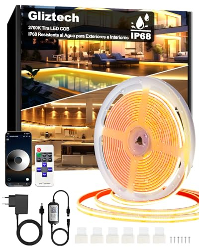 Gliztech 15M Tira LED COB impermeable IP68, 2700K Autoadhesiva Blanco Tira LED para exteriores con alimentación de 24V, BT APP y Control Remoto para Aleros, Jardines, Piscinas, Terrazas, Cocinas