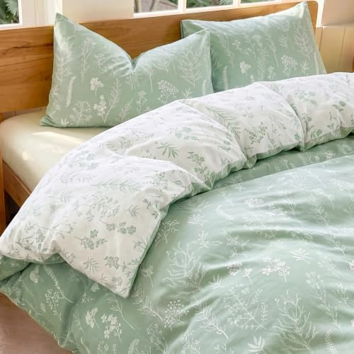 Bedsure Double Duvet Cover Set - Printed Reversible Bedding, Sage Green | Soft Floral Duvet Covers with 2 Pillowcase and Zipper Closure 8 Corner Ties Easy Care For Bedroom Home Hotel 200x200cm