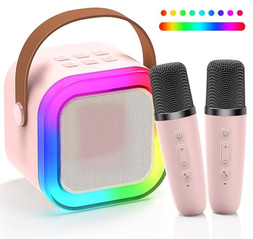 Mini Karaoke Maschine mit 2 Drahtlosen Mikrofonen, Karaoke Maschine Kinder, tragbarer Bluetooth-Lautsprecher mit Stimme Wechselnde Effekte & LED Lichter für Jungen Mädchen Geschenke Heimparty