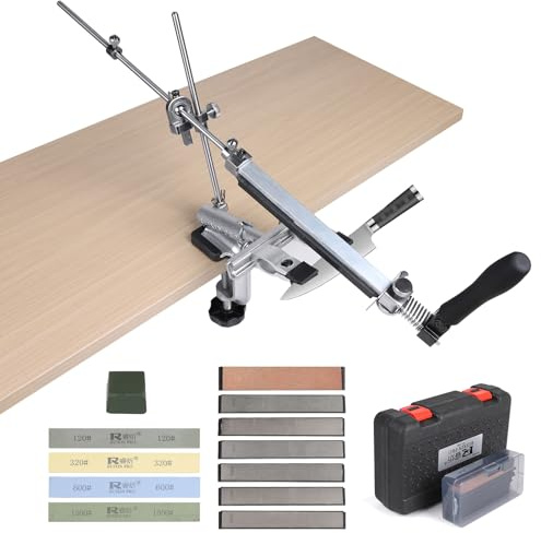 EXLECO 14x Affilacoltelli Professionale con Scatole & 4 Pietre per Affilare & 6 Diamantate, Affila Coltellidi Rotazione di 360°, Knife Sharpener ad Angolo Fisso, Acciaino con Disegno a Morsetto Rapido