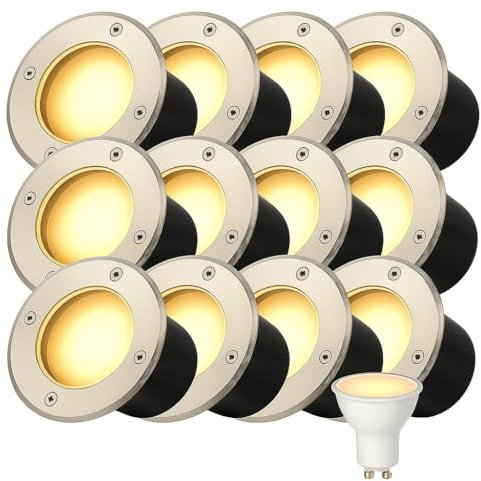 Partenopea Kit 12 Faretti Calpestabili da Incasso IP65 con Attacco GU10 per Esterni Giardini Vialetti Sentieri in Acciaio Inox con Controcassa, Compatibili Lampade 220V (Luce calda 3000K)