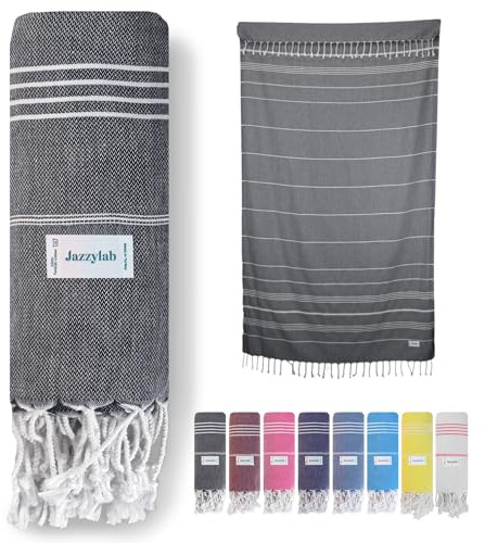 jazzylab Sultan Toalla Hammam | Pestemal 100% algodón con patrón de Rayas clásicas | Secado rápido, Ligera y compacta | Versátil para Playa, Sauna, SPA y Viaje | Negro, 90x180 cm