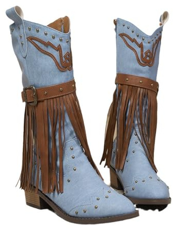 Stövlar dam läder höga cowboystövlar dam fransar eleganta västerländska stövlar med klack, ridstövlar medeltida kow boy stövlar nitar västerländska stövlar mode stövlar festival med dragkedja höga