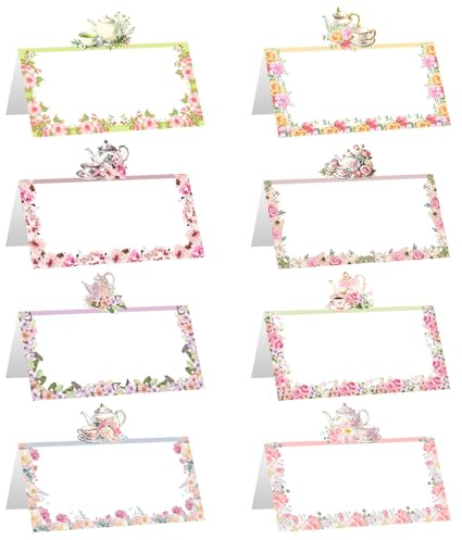 48 tarjetas de lugar para mesas temáticas de fiesta de té, etiquetas con nombre para asientos de fiesta, invitaciones para reuniones, decoraciones de mesa para fiestas de té, tarjetas de lugar para