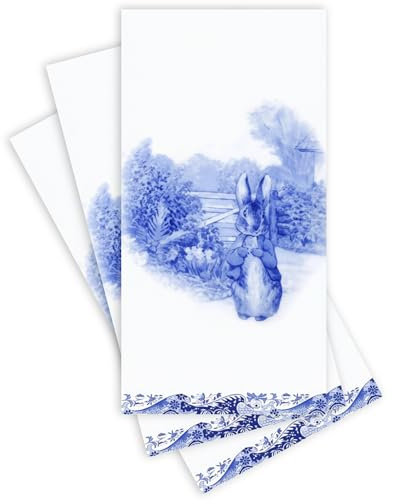 Stxy's 3ply Blue Easter Napkins (45ct) (Bleed-Free & Non-Toxic Ink) Easter Paper Napkins Dinner Size Blue and white Toile Bunny Rabbit disposable hand towels for bathroom