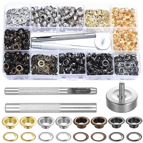 720 st öljettsats 5 mm med verktyg, metallöljetter och nitsats för läder – för kläder, presenningar, tält, tyg och DIY-hantverk, 4 färger, med 3 pressverktyg