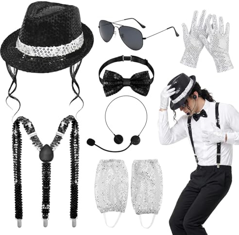 9Pcs MJ Costume Accessories Set, 80s Dancer Rocker Star Cosplay Fancy Dress Kit with Sequin Jazz Hat Glasses Gloves Suspenders Bow Tie Leg Wraps Head Microphone for 80s Dance Theme Party Carnival