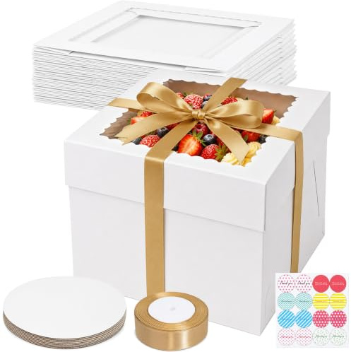 Amentalove 15 stycken tårtkartong, tårtlåda, höjd 20 x 20 cm, 15 lådor + 15 tallrikar, vit tårttransportlåda med fönster, band och klistermärken, kakkartong för bageri, kakor, bakverk, cupcakes