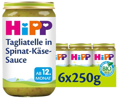 HiPP Bio Pasta Bambini Tagliatelle in Spinat-Käse-Sauce (6 x 250g), Menü ab 12. Monat, mit Omega-3, in bester Bio-Qualität