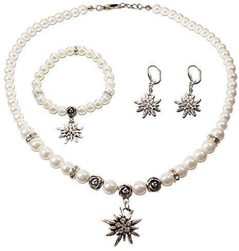 Schmuckset Trachtenkette Perlenkette und Edelweiß-Armband und Ohrhänger - Damen Dirndlkette,Perlenarmband & Trachtenohrringe Strass-Edelweiss zur Trachtenbluse,Dirndl-Schmuck Oktoberfest (creme-weiß)