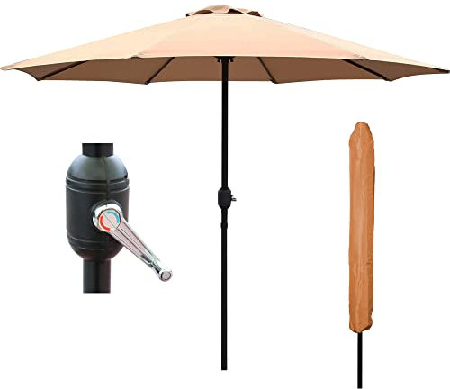 GlamHaus Garden Parasol Table Umbrella 2.7M with Crank Handle for Outdoors, UV40 Protection, Includes Protection Cover, Gardens and Patios - Robust Steel (Khaki Sand)