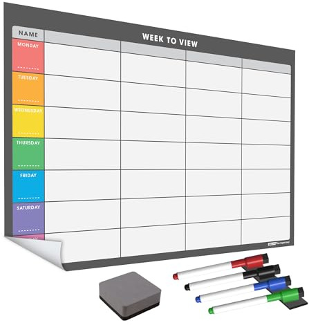TMS återanvändbar väggplanerare, veckoplanerare och familjeplanerare, självhäftande whiteboard för hem och kontor (grå flikar, färgglada flikar, A2)