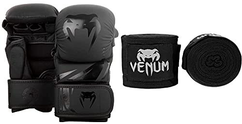 Venum Challenger 3.0 MMA Sparring Handschuhe, Schwarz/Schwarz, M & Erwachsene Bänder Kontact Handgelenk und Armschoner, Schwarz, 4m