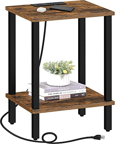TUTOTAK End Table with Charging Station, Side Table with USB Ports and Outlets, Nightstand, 2-Tier Storage Shelf, Sofa Table for Small Space TB01BB040